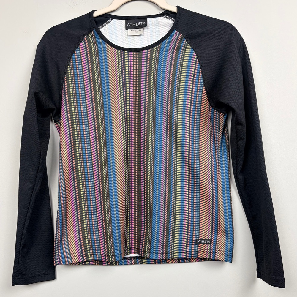 Athleta XS Long Sleeve Athletic Top Multicolor Stripe Raglan Made USA